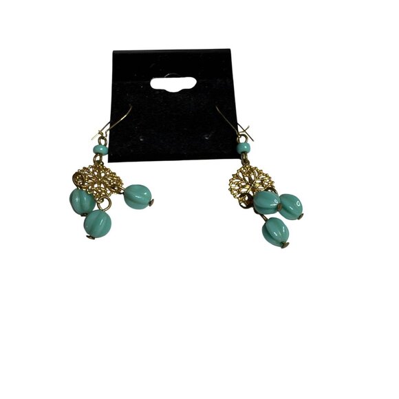 Gold Chain Necklace Drop Earrings Set Faux Turquoise Beads Vintage-Inspired - Picture 5 of 7